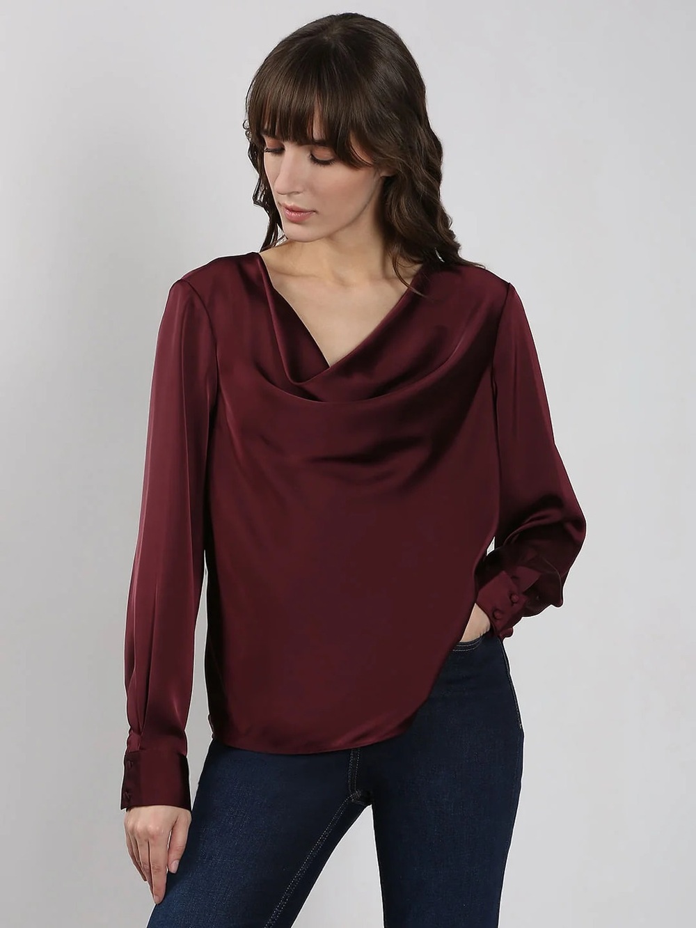 Parker Burgundy Satin Drape Neck Long-Sleeve Blouse